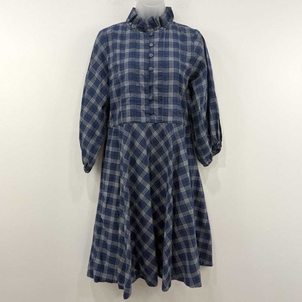 Sue Sartor Dress Women M Navy Plaid Cottagecore Popover Classic Mori Kei Prairie